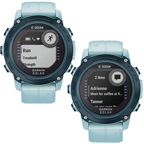 Fonctions multi-sport, bien-être, sécurité et rechargement solaire de la montre de plongée connectée GPS Garmin Descent G1 Solar - Ocean Edition