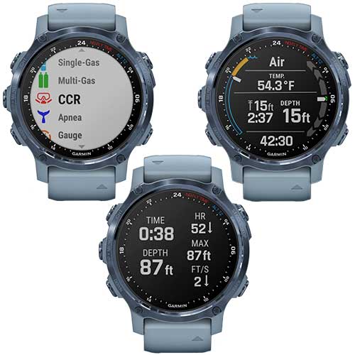 Modes de plongée et fonctionnalités de la montre de plongée connectée GPS Garmin Descent Mk2S Bleu minéral