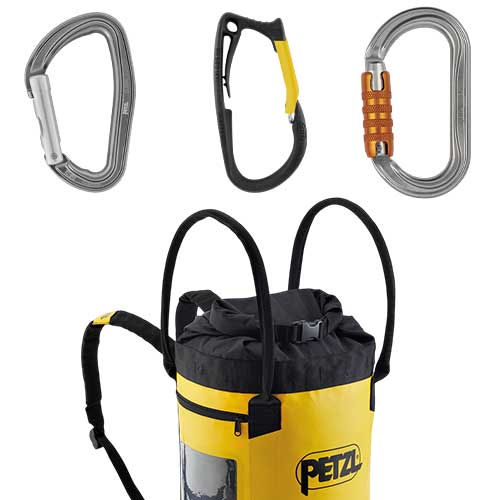 Mousquetons Petzl et sac BUCKET 30 L du pack ascension