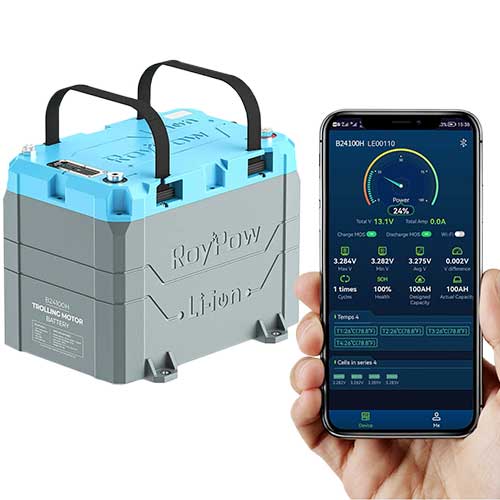 Connectivité et application mobile de la Batterie lithium LifePO4 Roypow 24V-100A + chargeur