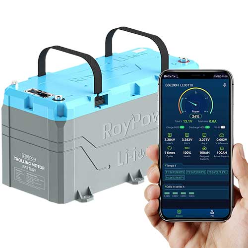 Connectivité et application mobile de la Batterie lithium LifePO4 Roypow 36V-100A + chargeur